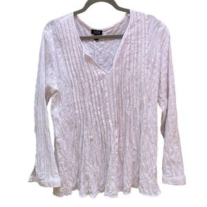 White Crinkle Gauze Blouse Pintuck Pleated V-Neck Long Sleeve Airy Boho Top